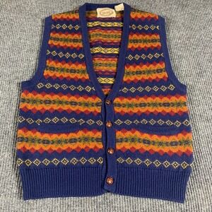 Vintage River Trader Sweater Womens Large Blue Merino Wool Cardigan Vest Aztec